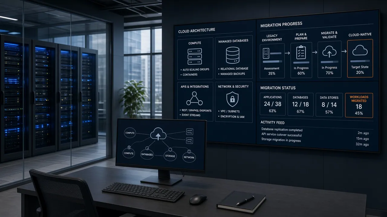 Cloud operations centre showing a UK mid-market migration architecture beside on-prem racks