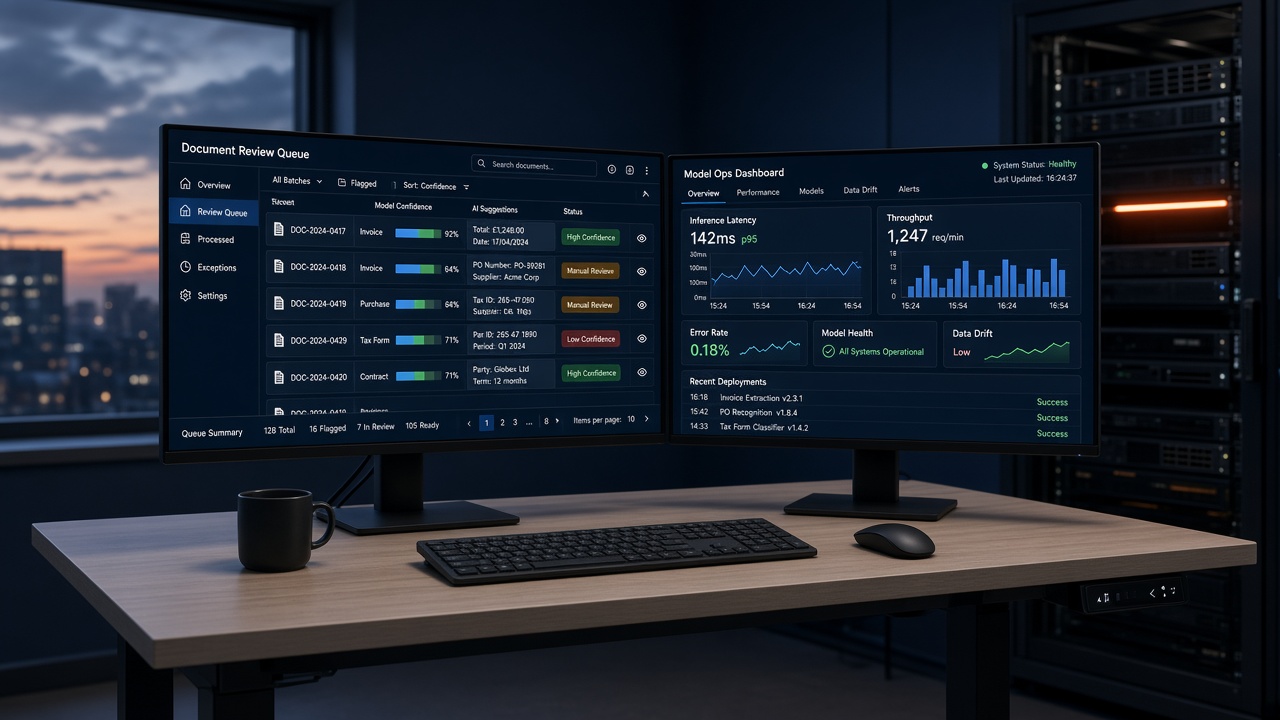 Production AI operations room: dual monitors showing a document review queue and a model-ops dashboard