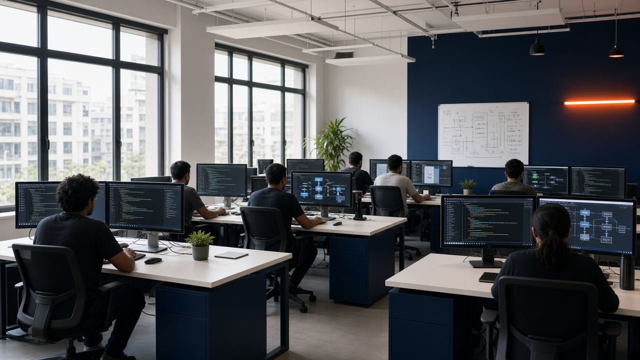 Boutique software studio with monitors showing cloud consoles and web applications