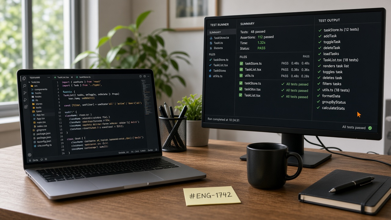 Junior engineer desk with TypeScript React code and a passing test runner