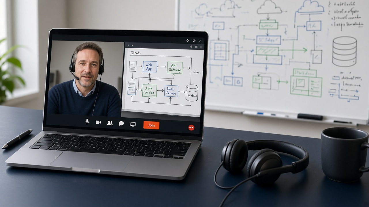 Discovery-call laptop with a shared architecture whiteboard