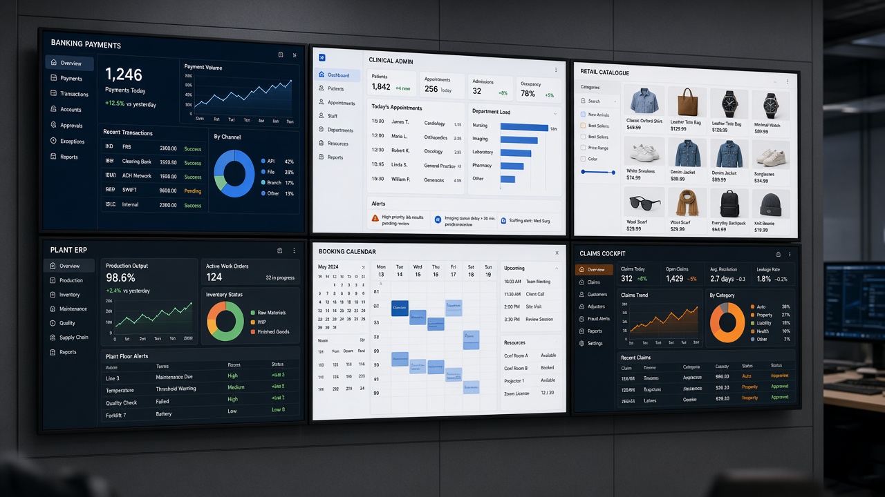 Industry operations screens for banking, retail, manufacturing, and claims systems