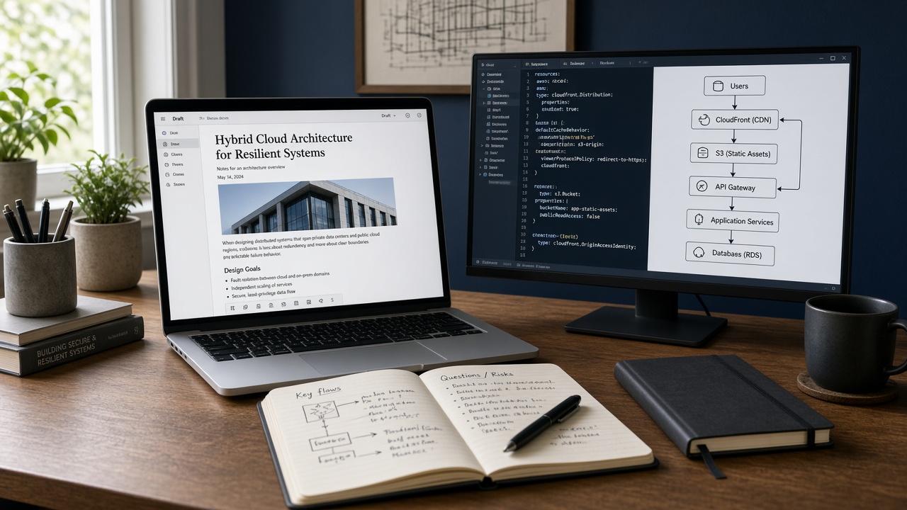 Engineering desk with a cloud dashboard and architecture notes