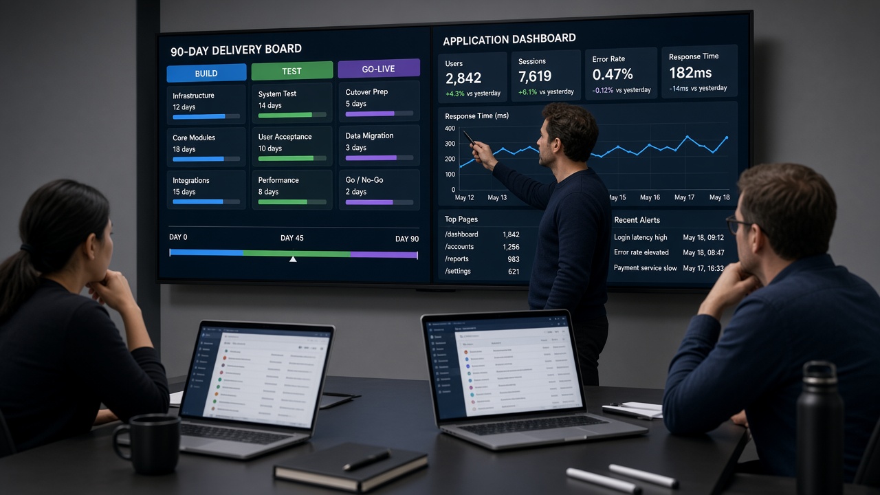 Delivery war-room with a 90-day board and a live application dashboard
