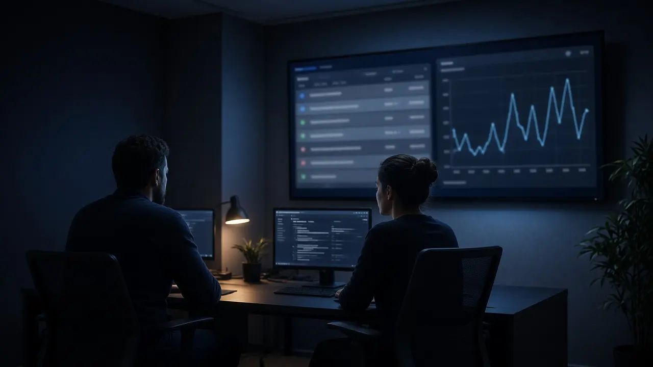 Production AI operations room with a document review queue and a model-ops dashboard for a custom software agency